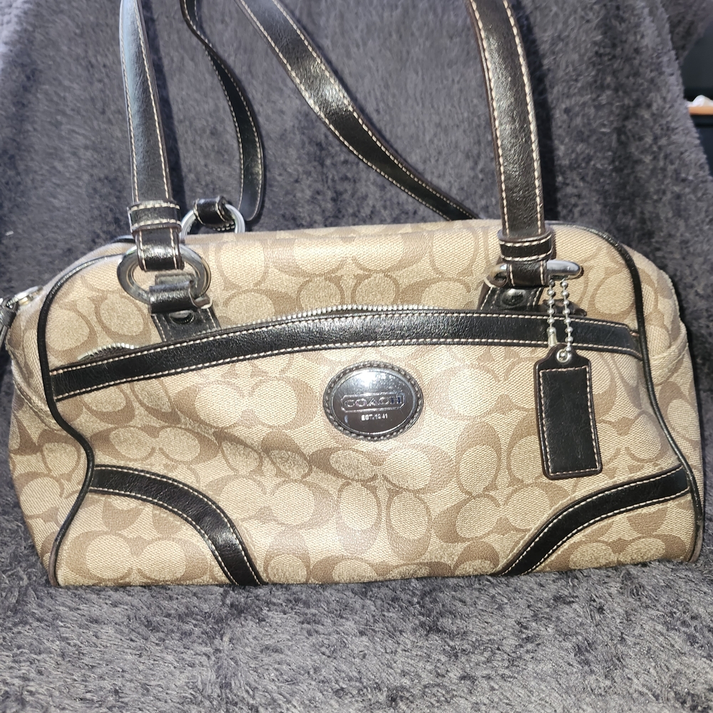 Coach Tan and Black Signature Handbag